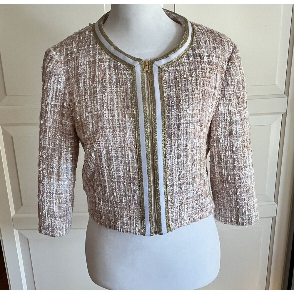 Susan Bender NYC/Italy Sz 4 Tweed Cropped Jacket Gold Tan White Metallic